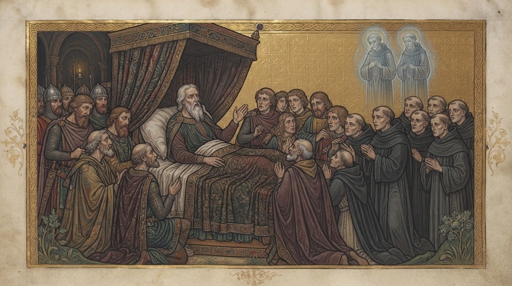 El rey Eduardo el Confesor, en su lecho de muerte, relata una visión profética a los nobles y monjes reunidos a su alrededor, con dos figuras monacales espectrales visibles en una esquina, en estilo de miniatura de manuscrito iluminado inglés