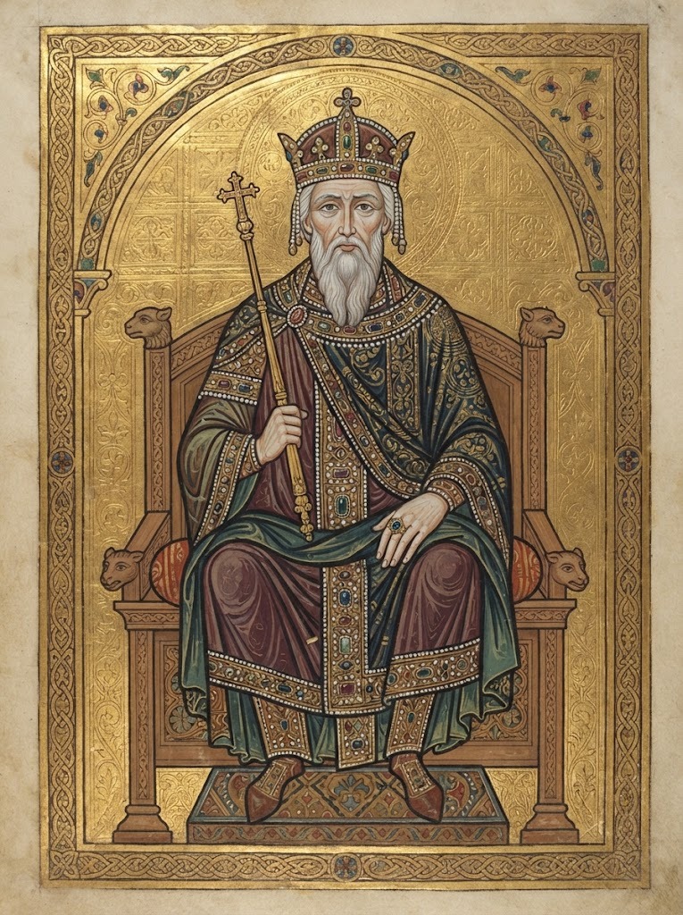 San Eduardo el Confesor, rey de Inglaterra, sentado en su trono con corona y cetro, en estilo de miniatura de manuscrito iluminado inglés del siglo XI