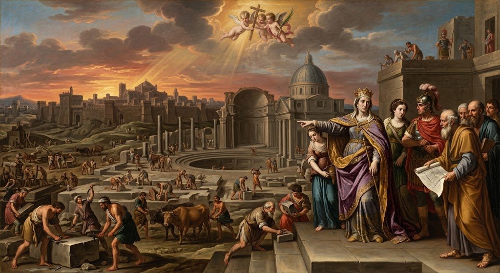 Santa Elena, con corona y séquito imperial, señala las obras de construcción de la basílica del Santo Sepulcro en Jerusalén, con la ciudad al fondo bajo un cielo de atardecer