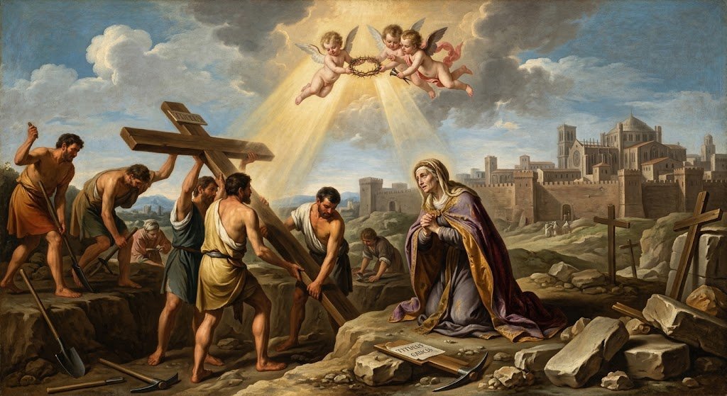 Santa Elena arrodillada ante la Cruz recién desenterrada en el monte Calvario, mientras unos ángeles descienden con una corona de espinas entre nubes doradas