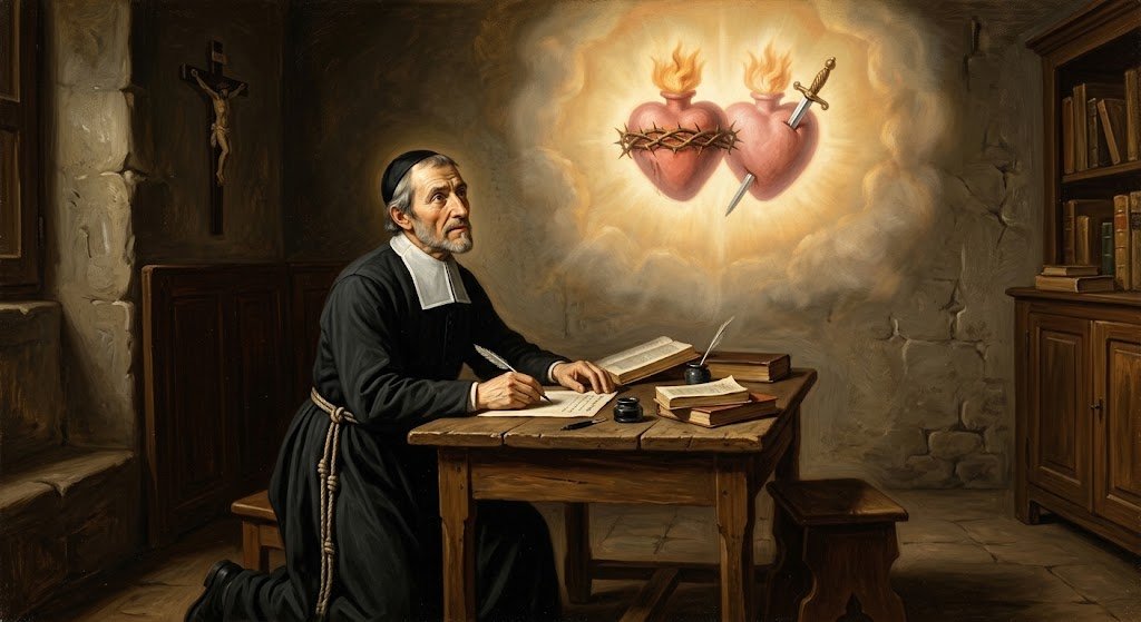San Juan Eudes arrodillado ante un escritorio, escribiendo el oficio litúrgico de los Sagrados Corazones, mientras una visión luminosa de dos corazones entrelazados aparece sobre él