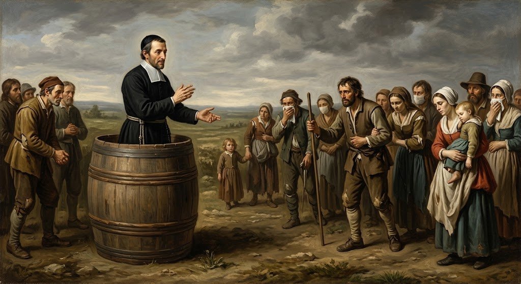 San Juan Eudes de pie dentro de un tonel de madera en pleno campo, predicando y bendiciendo a un grupo de aldeanos afectados por la peste que se acercan a cierta distancia