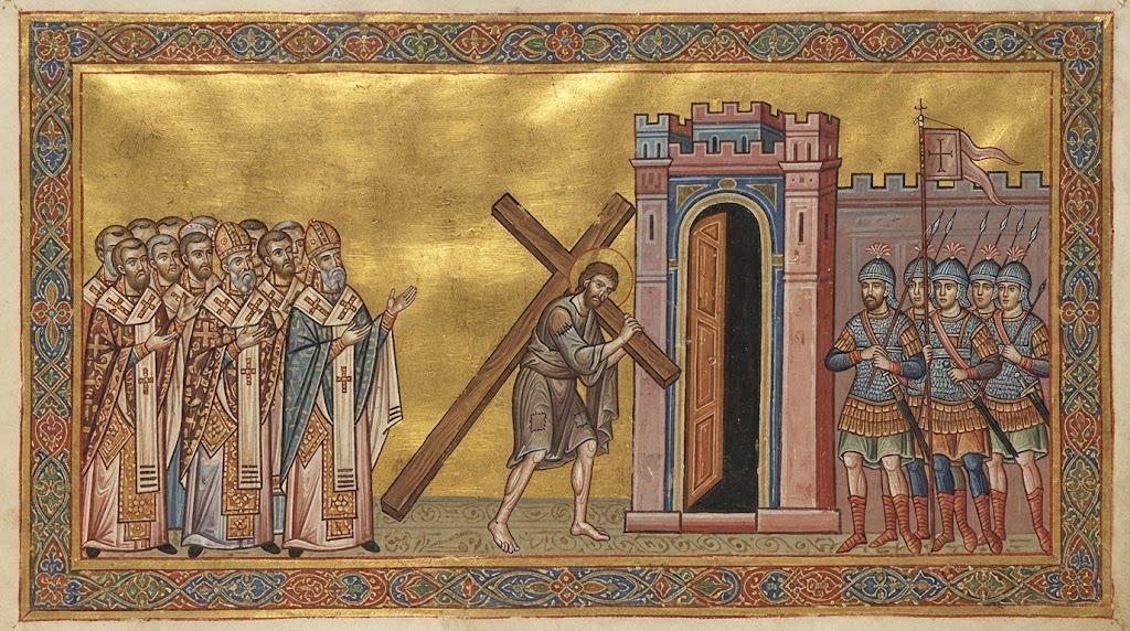 El emperador Heraclio descalzo cargando la cruz hacia las puertas de Jerusalén, miniatura de manuscrito iluminado