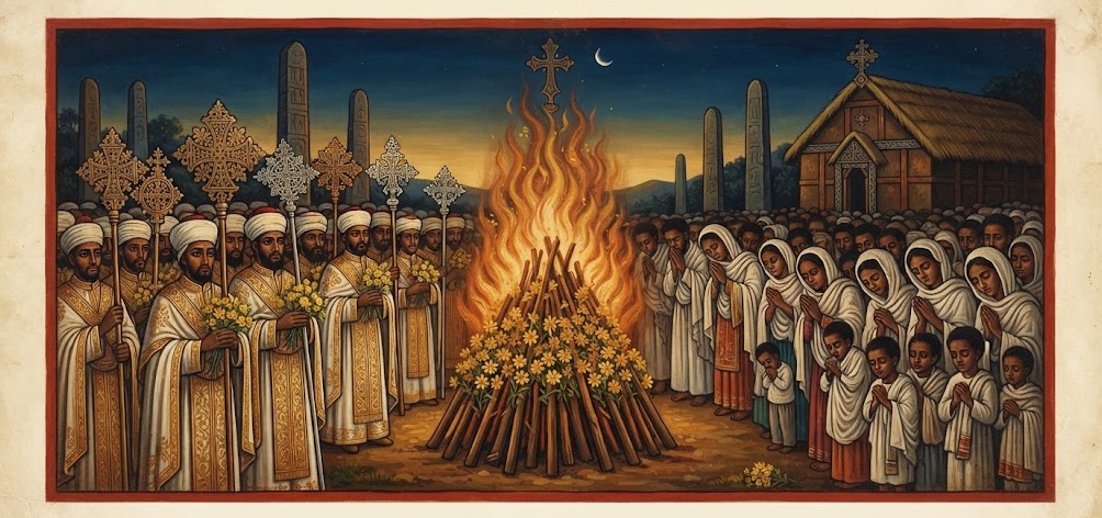 Procesión con cruces etíopes y gran hoguera de flores amarillas durante la fiesta del Meskel en Etiopía