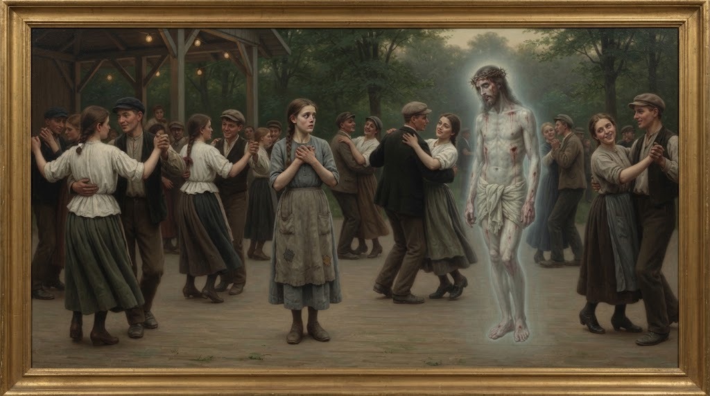 La joven Helena, con ropa sencilla de familia campesina, en un baile popular al aire libre en un parque de Łódź, ve aparecer junto a ella una visión translúcida de Cristo crucificado cubierto de llagas