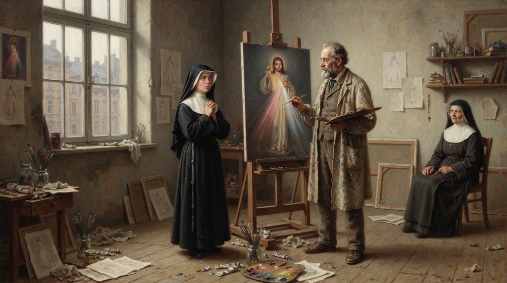 El pintor Eugeniusz Kazimirowski trabaja en el retrato de Jesús Misericordioso mientras Sor Faustina, con lágrimas en los ojos, observa el lienzo casi terminado