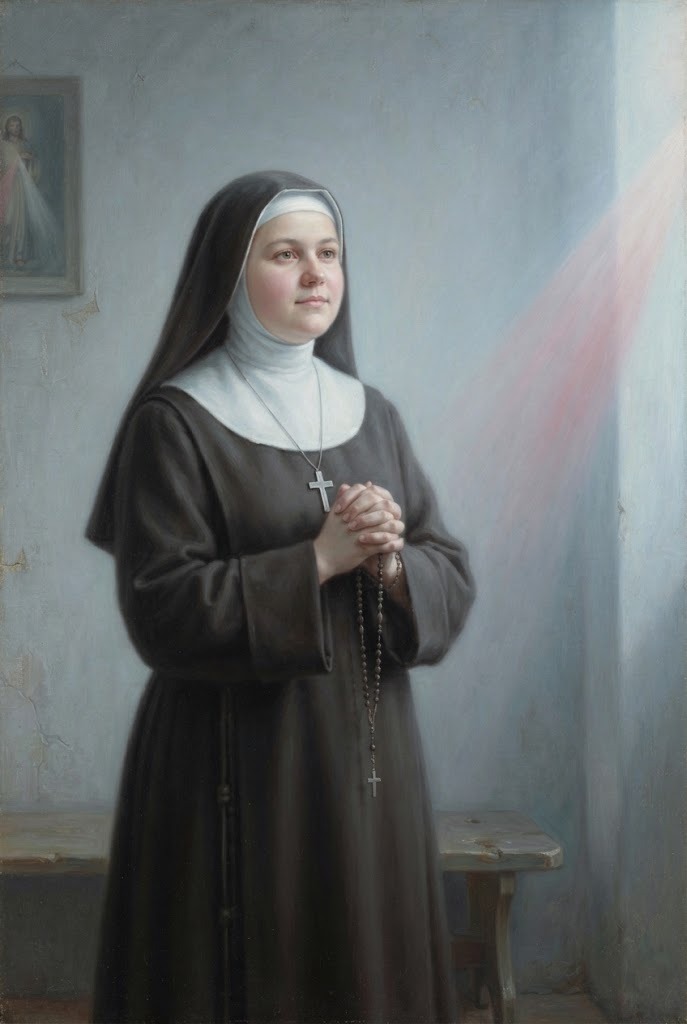 Santa Faustina Kowalska, joven monja polaca con hábito oscuro y toca blanca, con las manos juntas en oración