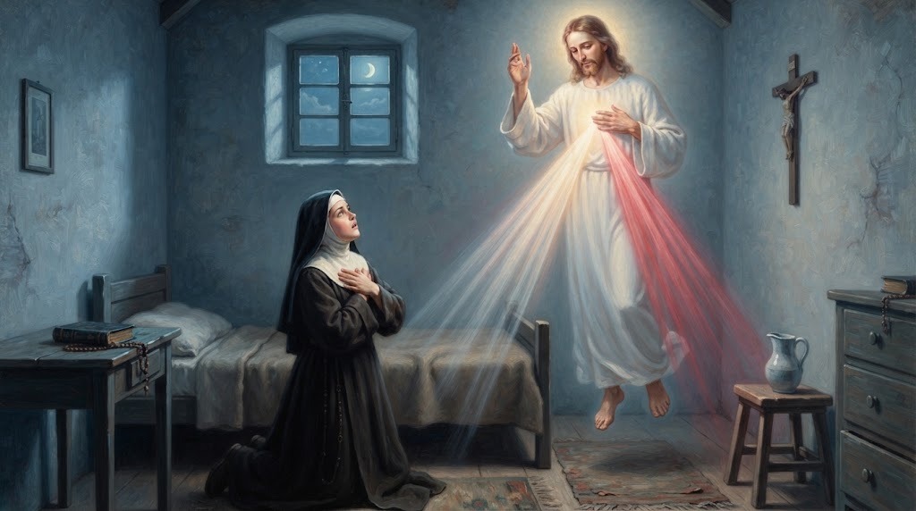 Sor Faustina arrodillada en su celda ante una aparición de Jesús vestido de blanco, del que emanan dos rayos de luz, uno blanco y otro rojo