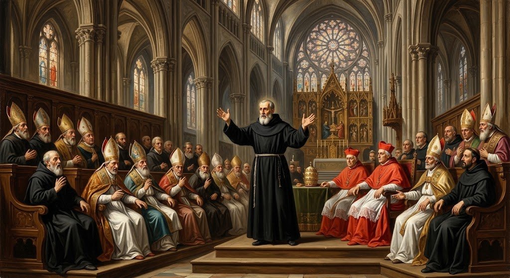 San Felipe Benicio de pie con los brazos alzados, defendiendo con determinación la existencia de su orden religiosa ante una asamblea de obispos y cardenales en un concilio medieval