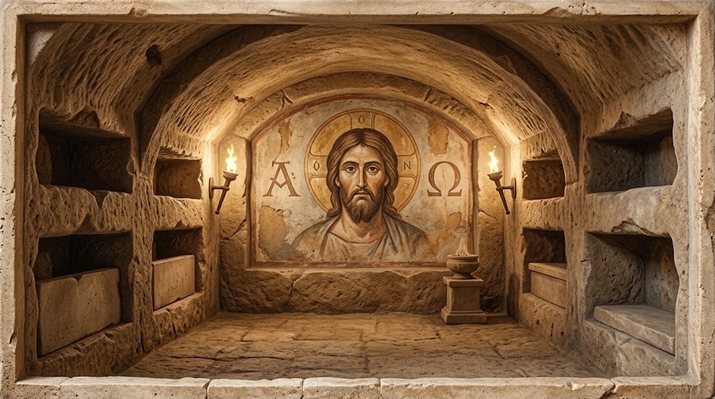 Interior de una catacumba romana iluminada con antorchas, mostrando un antiguo fresco del rostro de Cristo con barba flanqueado por las letras griegas Alfa y Omega, representado al estilo de una pintura paleocristiana