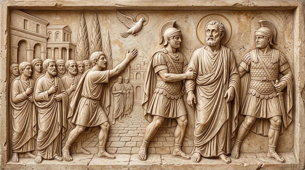 El sacerdote Félix es conducido por soldados romanos por un camino, mientras un joven desconocido sale de entre la multitud con el brazo levantado, proclamando su fe, representado al estilo de un relieve de sarcófago paleocristiano