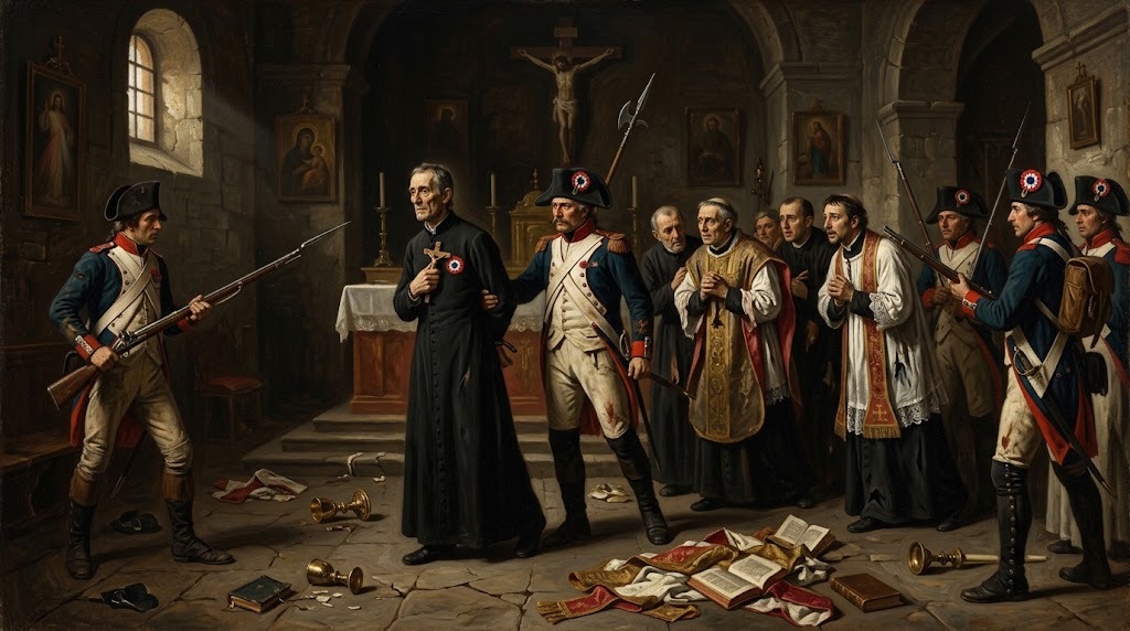 Soldados revolucionarios franceses con escarapelas tricolor arrestan a un sacerdote en el interior de una iglesia, con vestiduras y objetos sagrados esparcidos por el suelo, mientras otros clérigos observan con temor, representado al estilo de una pintura barroca española sin violencia explícita