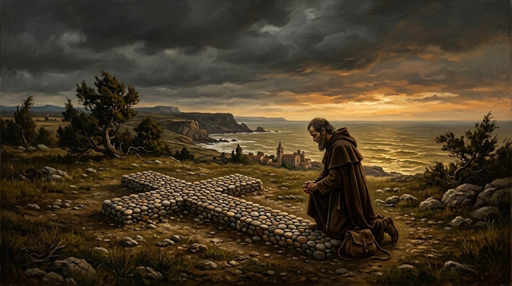 Una gran cruz formada por piedras redondeadas de playa yace sobre un campo costero azotado por el viento bajo un cielo dramático, con el mar visible al fondo y un peregrino solitario arrodillado en oración junto a ella, representado al estilo de una pintura barroca española reinterpretando un lugar de memoria actual