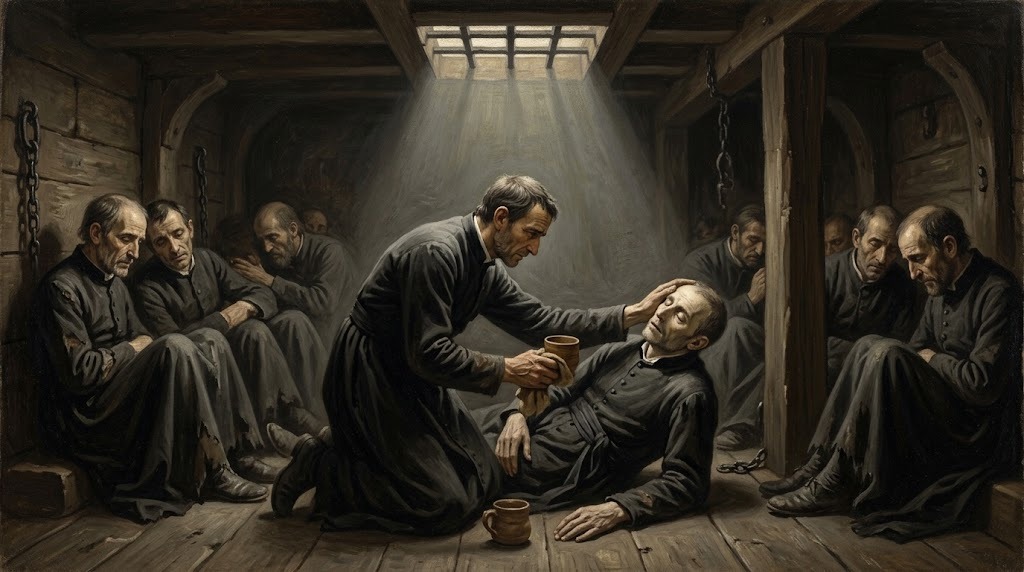 Sacerdotes demacrados y vestidos con ropas raídas se apiñan bajo la cubierta de un antiguo barco-prisión de madera, con luz tenue filtrándose por una pequeña escotilla enrejada, mientras uno de ellos atiende con delicadeza a otro que yace débil y enfermo en el suelo, representado al estilo de una pintura barroca española