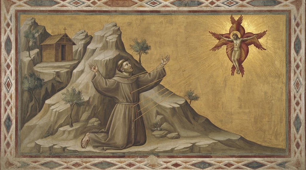 Francisco arrodillado en el monte Alverno recibe los estigmas de un serafín crucificado que desciende del cielo, en fresco trecentista al estilo de Giotto