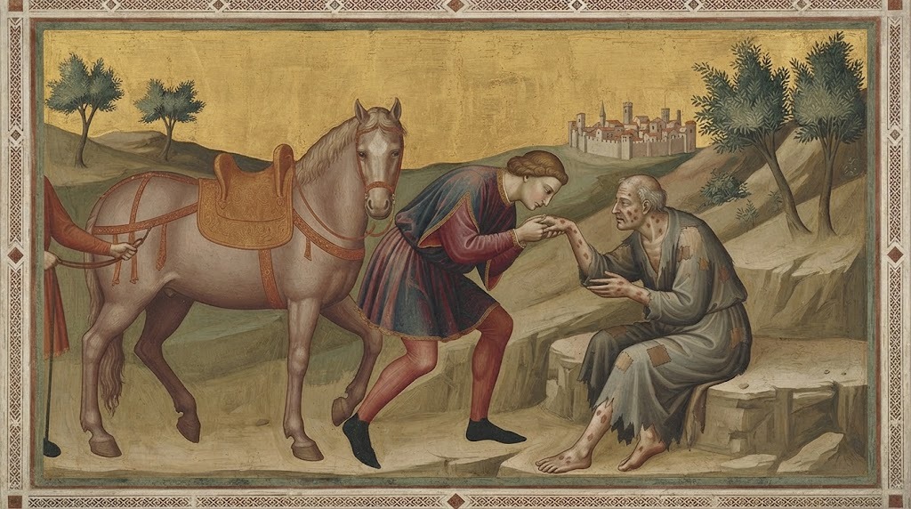 El joven Francisco desmonta de su caballo para besar la mano de un leproso junto al camino, en fresco trecentista al estilo de Giotto
