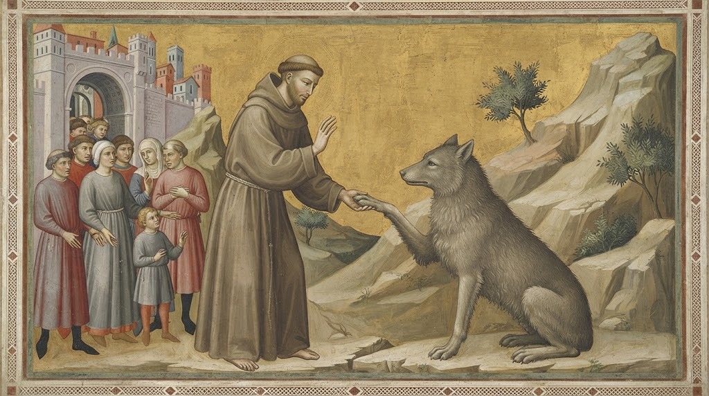 Francisco extiende la mano hacia un lobo que le ofrece la pata como signo de paz, ante un grupo de vecinos de Gubbio, en fresco trecentista al estilo de Giotto