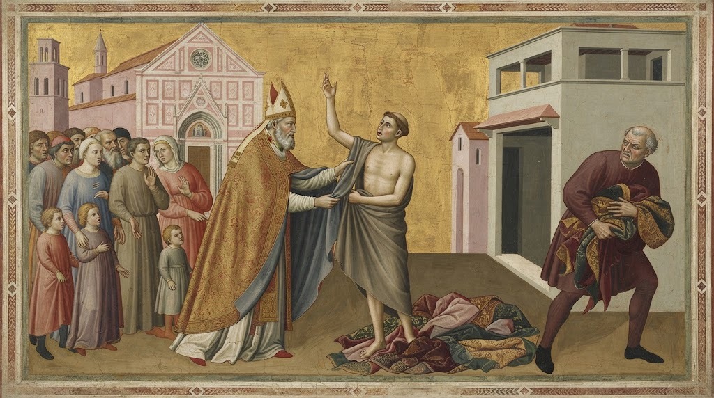 Francisco, desnudo tras devolver su ropa a su padre, es cubierto con la capa del obispo de Asís ante una multitud, en fresco trecentista al estilo de Giotto