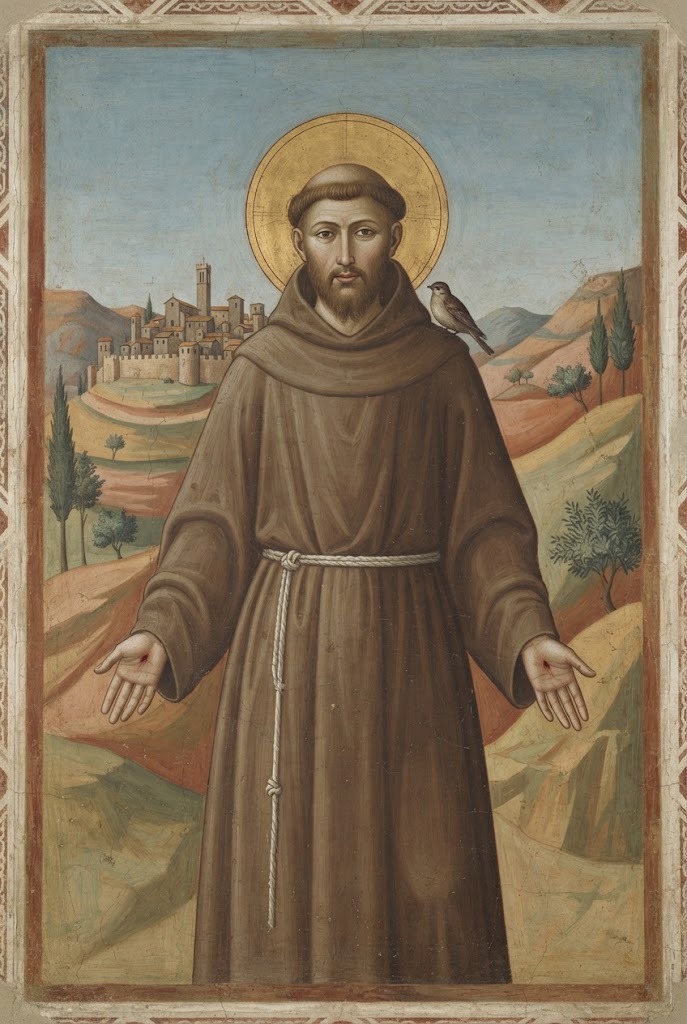 San Francisco de Asís, con hábito marrón, estigmas visibles en las manos y un pájaro posado en el hombro, en estilo de fresco trecentista al modo de Giotto