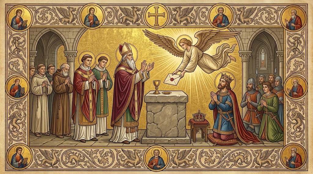 Un abad anciano celebra misa ante un altar de piedra mientras un ángel radiante desciende depositando una carta sellada sobre él, y un emperador coronado observa arrodillado con expresión de asombro, representado al estilo de una miniatura de manuscrito iluminado medieval