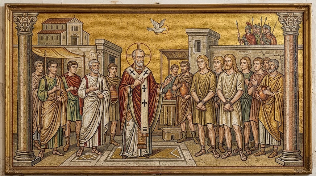 Un clérigo observa con admiración y compasión a un grupo de cautivos altos y rubios en un mercado romano, representado al estilo de un mosaico bizantino dorado