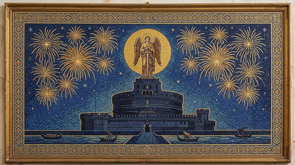 Silueta nocturna de una antigua fortaleza circular coronada por una estatua alada de un ángel envainando una espada, con fuegos artificiales dorados estallando simétricamente alrededor contra un cielo azul profundo, representado al estilo de un mosaico bizantino