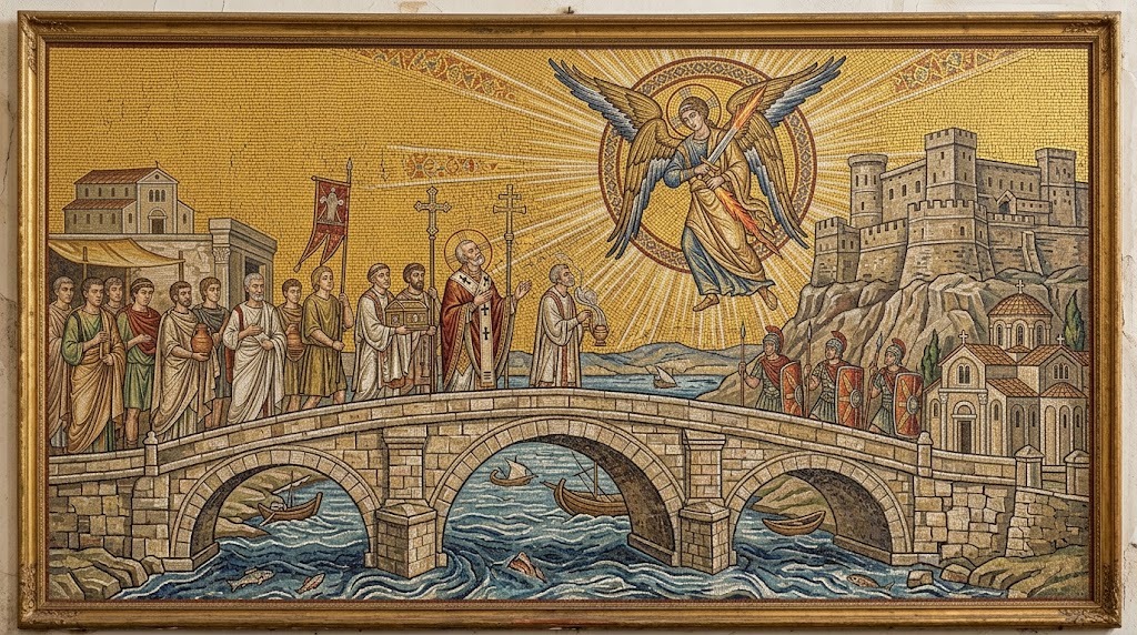 Una procesión religiosa solemne cruza un antiguo puente de piedra sobre un río, liderada por un Papa que mira hacia arriba con asombro, mientras sobre una fortaleza un arcángel alado envaina una espada llameante rodeado de luz radiante, representado al estilo de un mosaico bizantino dorado