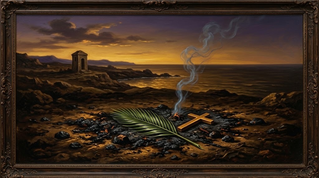 Una palma de martirio y una pequeña cruz de madera reposan sobre tierra quemada junto a una columna de humo, con el mar y una costa distante al fondo al atardecer, sin ninguna figura humana presente, representado al estilo de una pintura barroca española