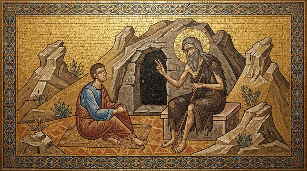 El joven Hilarión sentado a los pies de San Antonio Abad frente a la cueva del ermitaño, en un paisaje desértico egipcio, en estilo de mosaico bizantino