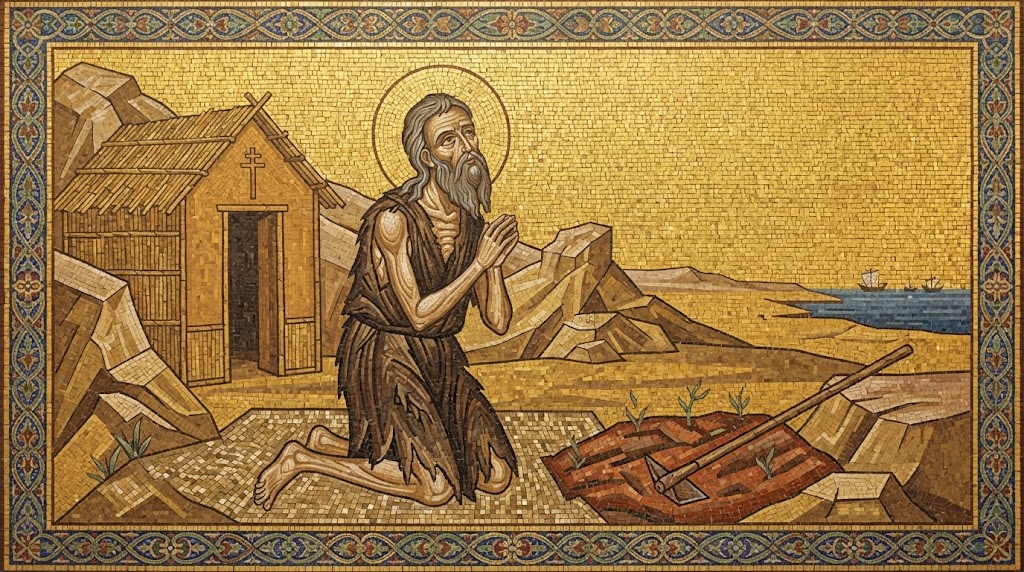 San Hilarión, demacrado, reza de rodillas junto a una pequeña choza de barro y cañas en el desierto cerca de la costa, con una azada apoyada junto a la tierra recién trabajada, en estilo de mosaico bizantino