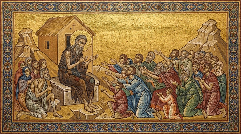 San Hilarión, ya anciano, sentado junto a su choza, rodeado de una multitud de fieles y enfermos que piden sus oraciones, en estilo de mosaico bizantino