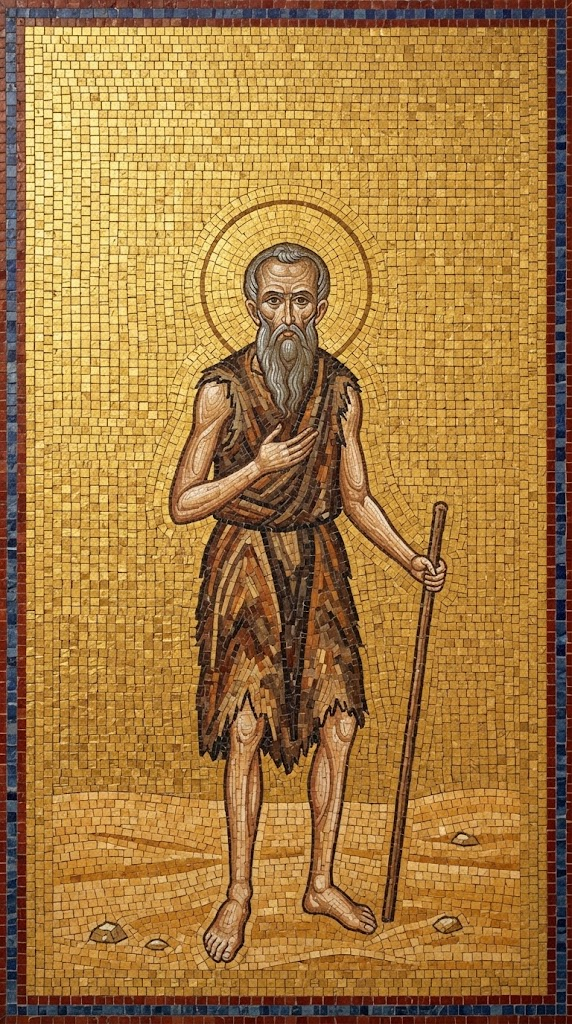 San Hilarión, ermita extremadamente delgado con túnica de piel de animal, descalzo sobre arena del desierto, sosteniendo un bastón de madera, en estilo de mosaico bizantino con teselas doradas