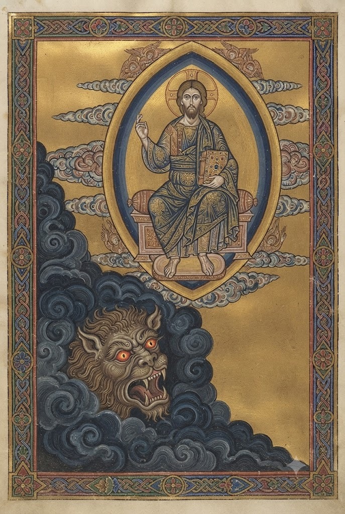 Cristo entronizado en gloria dorada sobre una cabeza monstruosa emergiendo de nubes oscuras, visión apocalíptica medieval