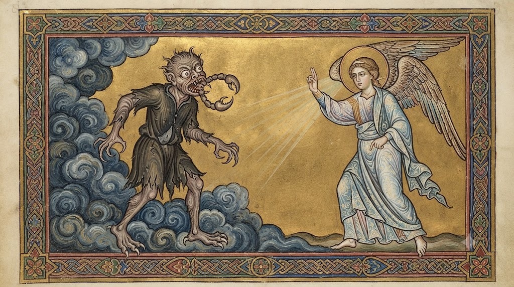 Figura híbrida con boca de escorpión y garras enfrentada a un ángel, representación medieval del vicio de la avaricia