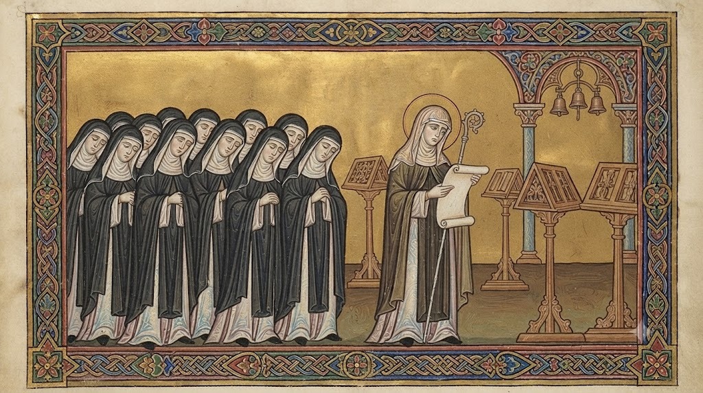 Un grupo de monjas en silencio con la cabeza inclinada, campanas mudas al fondo, representación del interdicto impuesto a Hildegarda