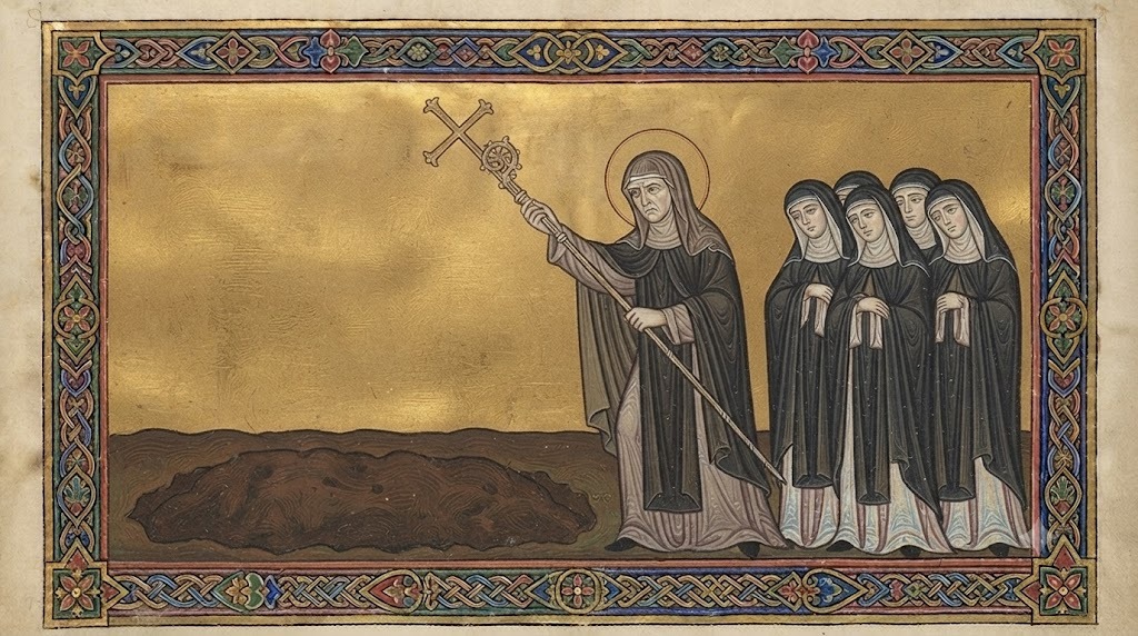 Una abadesa trazando una cruz con su bastón sobre una tumba, con monjas observando, miniatura medieval