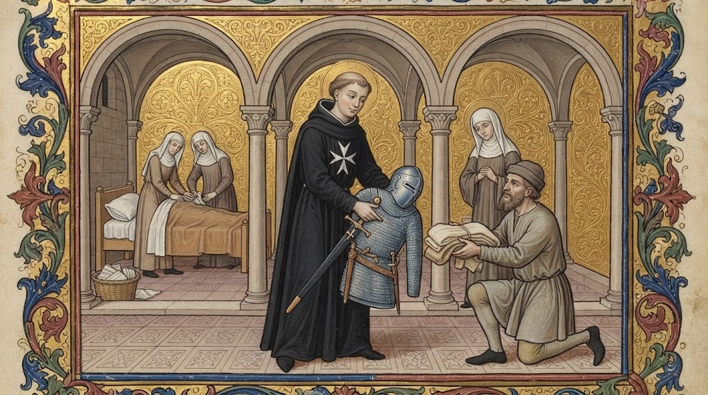 San Hugo de Génova entrega su armadura de caballero a cambio de telas para las enfermeras de un hospital medieval, en estilo de miniatura de manuscrito iluminado