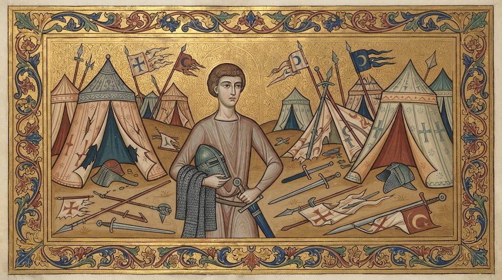 Un joven caballero italiano contempla un campamento militar devastado tras una batalla de la Tercera Cruzada, con su armadura bajo el brazo, en estilo de miniatura de manuscrito iluminado
