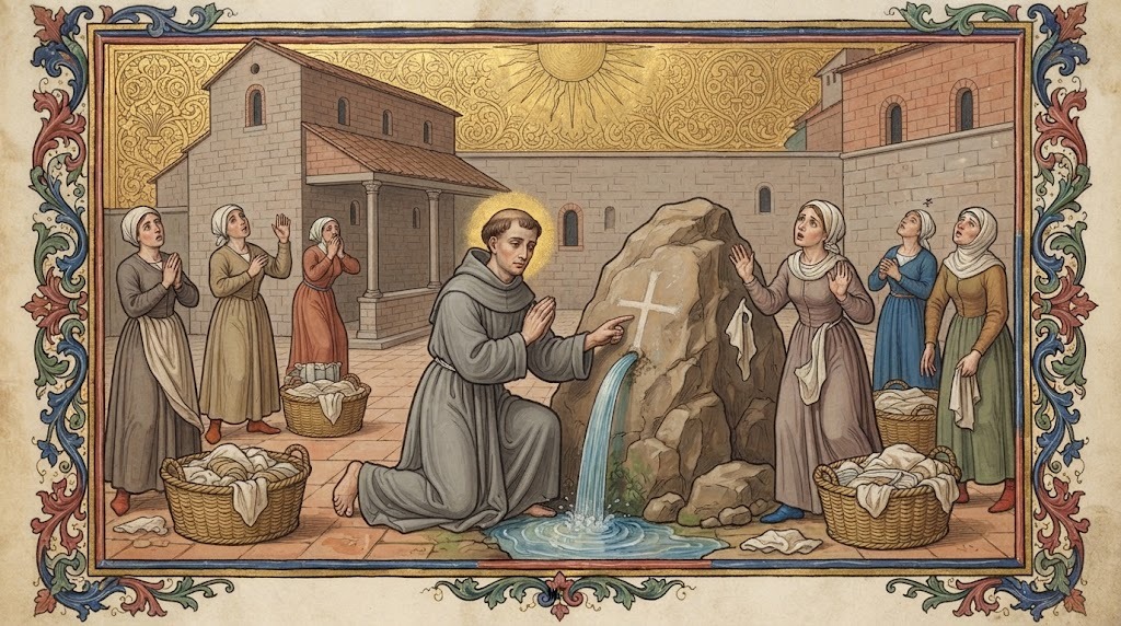 San Hugo de Génova hace brotar agua de una roca en el patio de un hospital medieval ante varias lavanderas asombradas, en estilo de miniatura de manuscrito iluminado