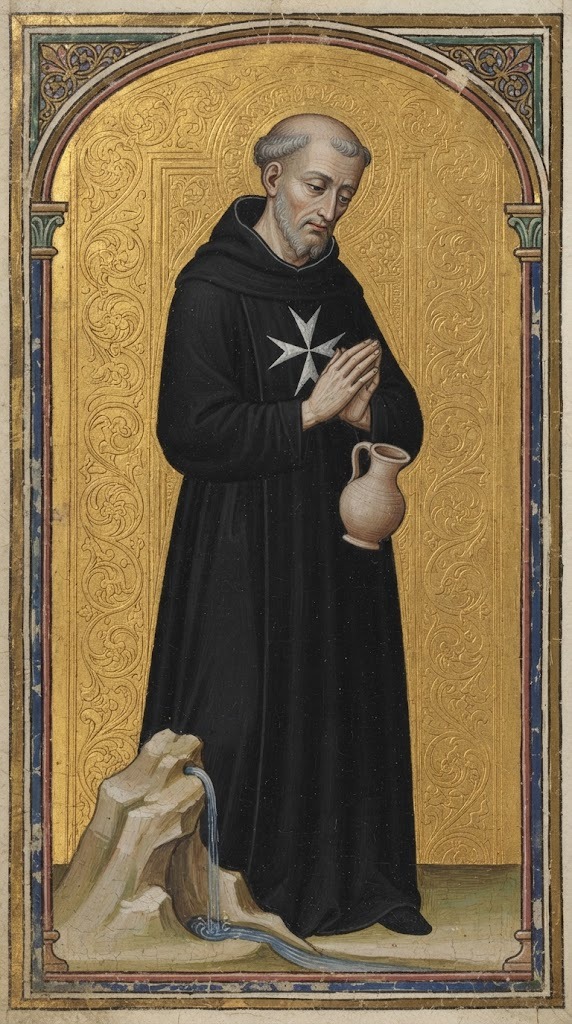 San Hugo de Génova, con el hábito negro de la Orden de San Juan de Jerusalén y la cruz blanca de ocho puntas, junto a una roca de la que brota agua, en estilo de miniatura de manuscrito iluminado