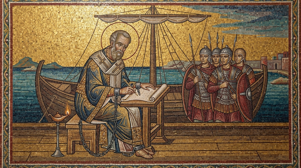 San Ignacio, encadenado, escribe una carta sobre un pergamino junto al mar mientras varios soldados romanos custodian la escena, en estilo de mosaico bizantino