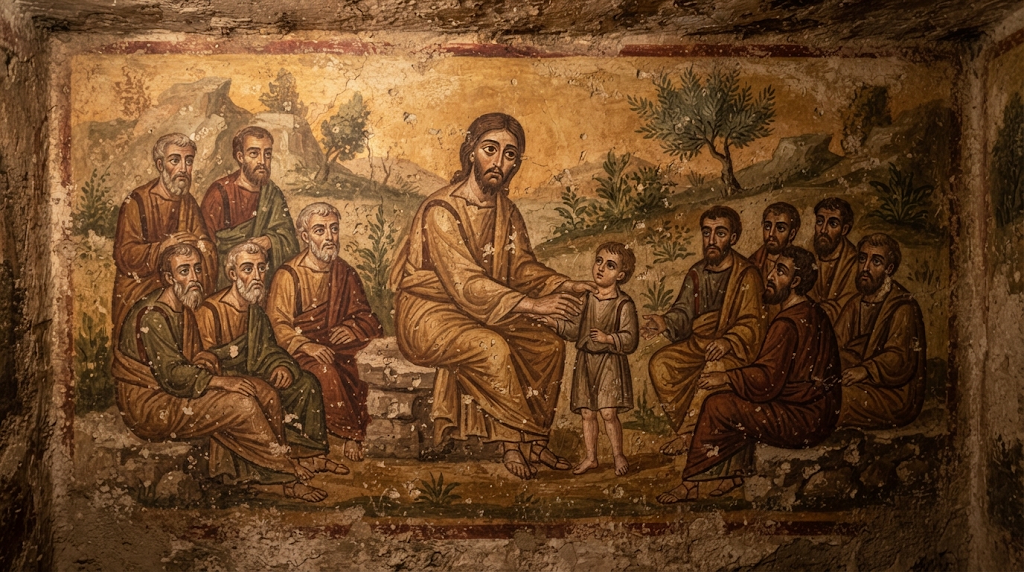 Jesús, rodeado de los apóstoles, posa la mano sobre el hombro de un niño colocado en medio del grupo, en estilo de fresco de catacumba paleocristiana