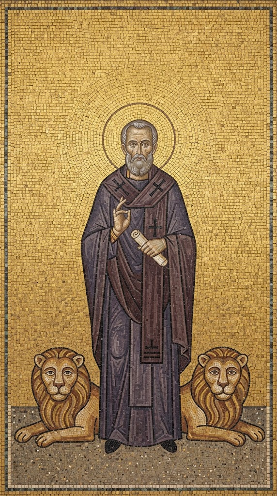 San Ignacio de Antioquía, obispo anciano con pergamino y gesto de bendición, acompañado de dos leones a sus pies, en estilo de mosaico bizantino con teselas doradas
