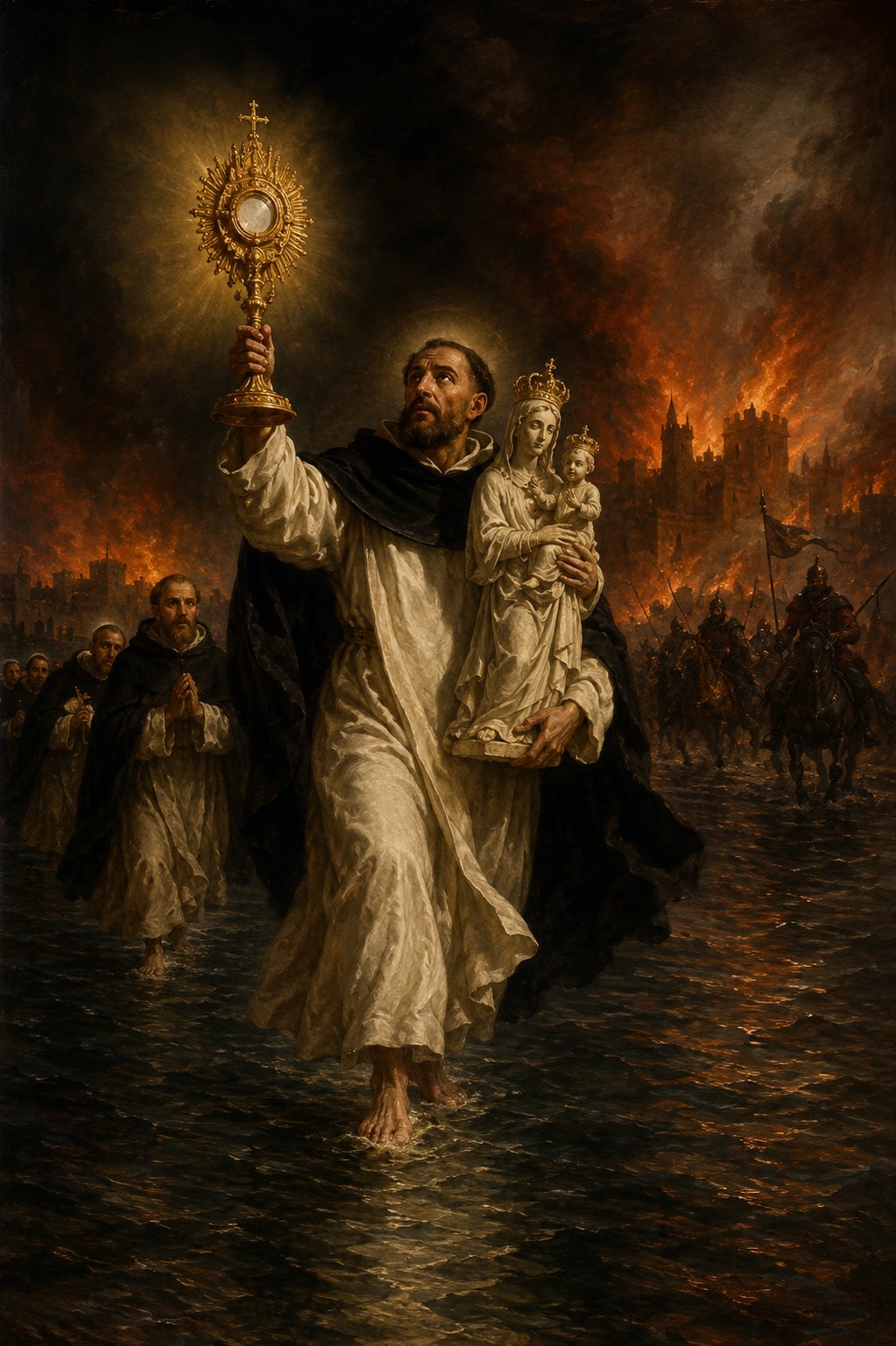 San Jacinto camina sobre las aguas del río Dniéper sosteniendo la custodia y la estatua de la Virgen, mientras Kiev arde a sus espaldas