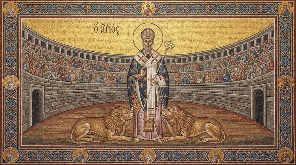San Jenaro de pie en un anfiteatro romano con dos leones tumbados mansamente a sus pies, mosaico bizantino