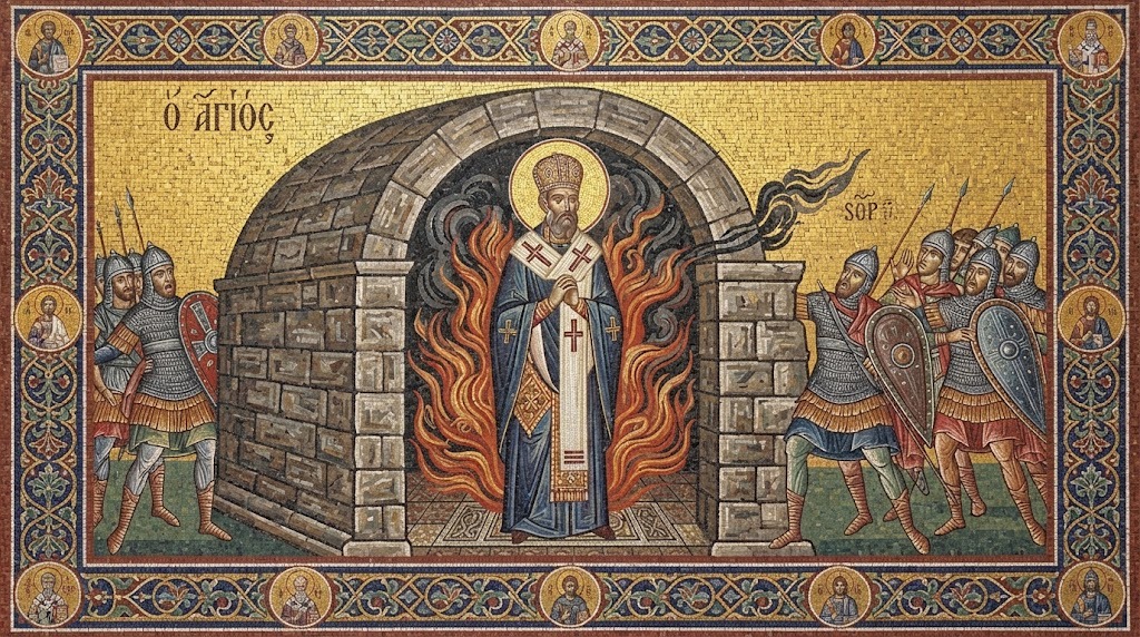 San Jenaro de pie e ileso dentro de un horno en llamas, soldados observando asombrados, mosaico bizantino