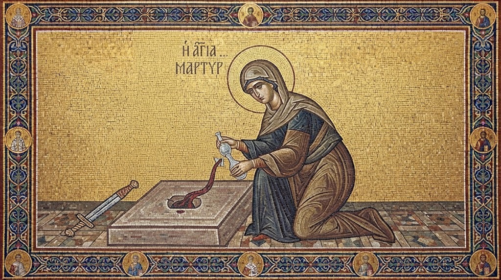 Una mujer arrodillada recogiendo la sangre de San Jenaro en una ampolla junto al lugar de su martirio, mosaico bizantino