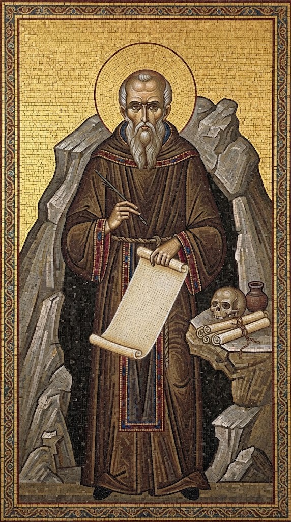 San Jerónimo, anciano ermitaño con barba blanca, sosteniendo un pergamino en su celda junto a una calavera