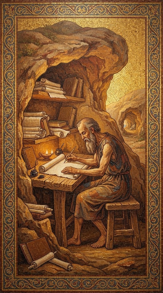 San Jerónimo anciano, sentado en una celda excavada en la roca junto a Belén, traduciendo un pergamino a la luz de un candil, rodeado de rollos y libros