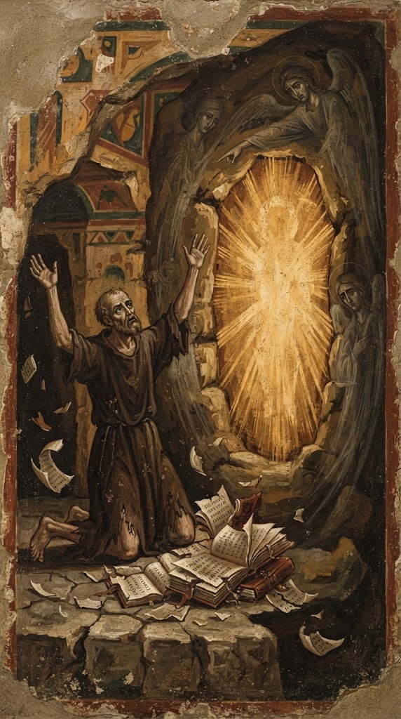 San Jerónimo de rodillas con los brazos alzados ante una luz cegadora, rodeado de libros dispersos y páginas cayendo, en una gruta en penumbra